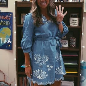 Chambray Dress with Embroidered Design